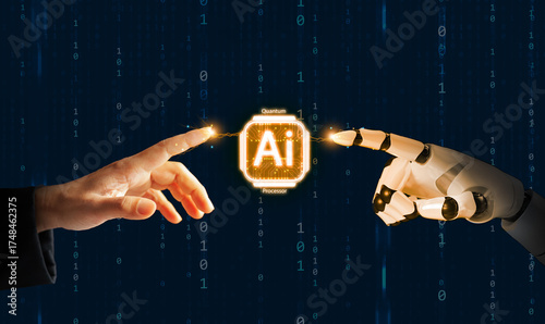 Powerful futuristic concept showing human and robotic hands touching through glowing AI quantum processor. Connection between technology, artificial intelligence, next-generation innovation.