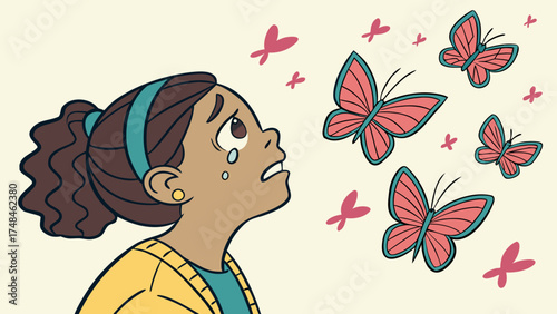 Emotional cartoon girl crying surrounded by bright butterflies showing sadness and hope vector art