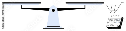 Balancing scales suggesting comparison, cart symbolizing shopping choices, and calendar implying timing and planning. Ideal for decision-making, prioritization, resource analysis, financial planning