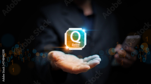 Powerful futuristic concept of quantum processor technology in human hand. Advanced AI computing, innovation, digital transformation for next-generation data processing and communication.