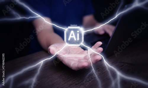 Powerful futuristic concept of artificial intelligence, quantum processor innovation. Digital energy flow between human, technology. Advanced AI computing, next-generation data processing.