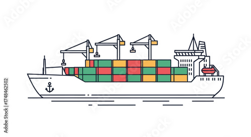 Large cargo ship loaded with colorful shipping containers and cranes.