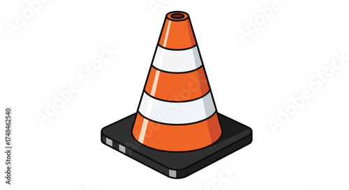 Orange and White Striped Traffic Cone on Black Base.