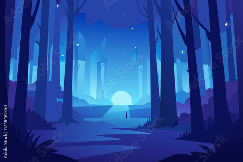 Enchanting minimalist forest scene at twilight with a glowing sun on the horizon and a winding path leading through tall trees