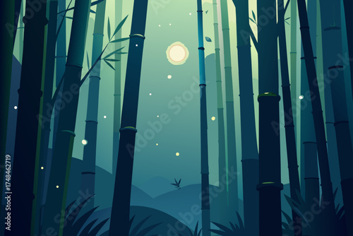 Enchanting bamboo forest at night with a full moon and fireflies creating a magical and serene atmosphere