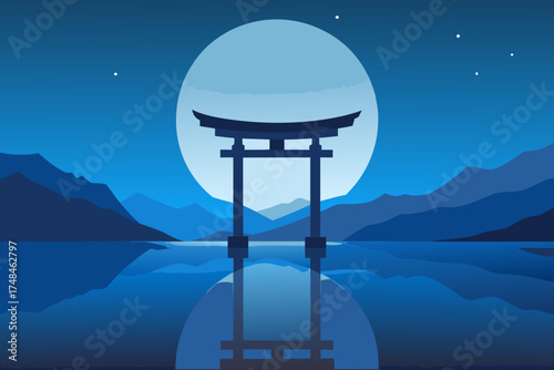 Serene japanese torii gate silhouette under a giant full moon reflected in calm water with mountain layers at night