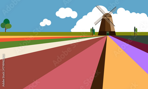 Rainbow Fields & Windmill Dreams: A Geometric Countryside Landscape with Vibrant Triangles, Blue Sky & Whimsical Charm