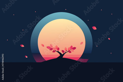 Stylized minimalist illustration of a lone tree with pink leaves silhouetted against a large gradient moon and dark night sky with falling petals