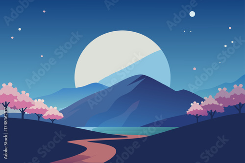 Serene minimalist landscape featuring a large pale moon behind blue mountains a tranquil lake and stylized pink cherry blossom trees under a starry night sky
