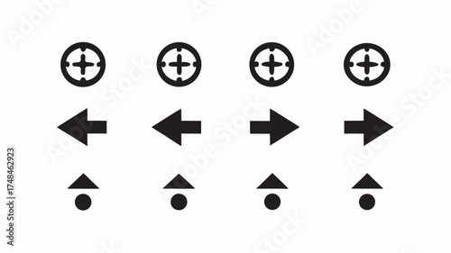Collection of black arrow icons pointing left and right along with target and plus sign symbols design | editable eps vectors silhouette