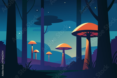Enchanting surreal forest scene at twilight with glowing orange mushrooms and tall dark trees under a starry night sky