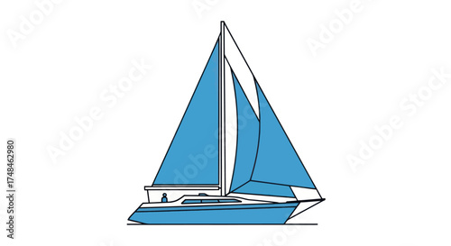 A sleek blue sailboat with white sails glides across the water.