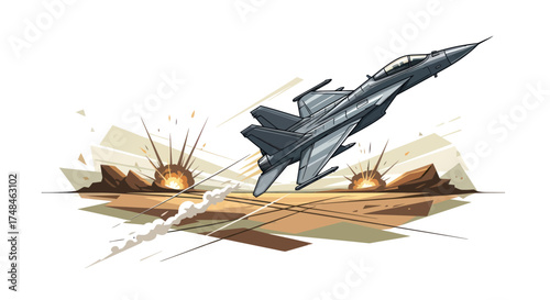 Dynamic Fighter Jet Ascending with Explosive Background.