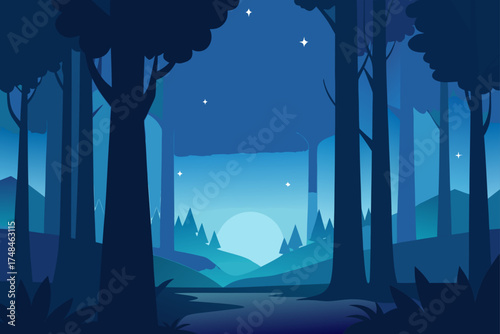 Tranquil night forest landscape with a serene lake reflecting the moon and stars in a cool blue gradient sky