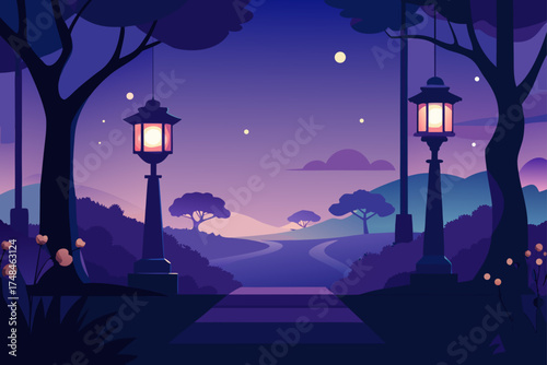 Enchanting twilight landscape with glowing streetlights illuminating a winding path through silhouetted trees and rolling hills under a starry purple sky