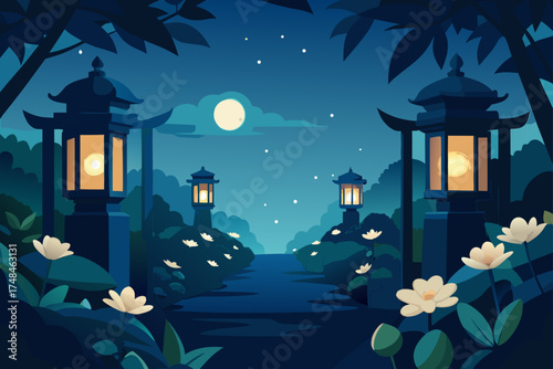 Serene japanese garden at night with glowing lanterns full moon and delicate flowers under a starry sky