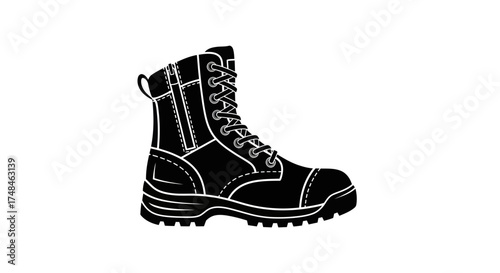 Black Combat Boot with Laces and Reinforced Toe.