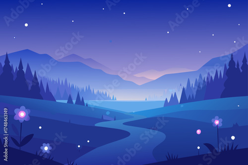 Serene twilight landscape with rolling hills a winding river pine trees distant mountains and a starry night sky with glowing flowers