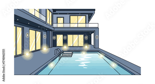 Modern luxury house with swimming pool and illuminated windows at night illustration.