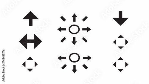 Black and white illustration of various directional arrows and expand icons arranged in a symmetrical pattern | editable eps vectors silhouette