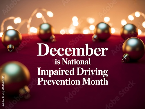 December is national impaired driving prevention month with festive holiday lights and ornaments symbolizing awareness