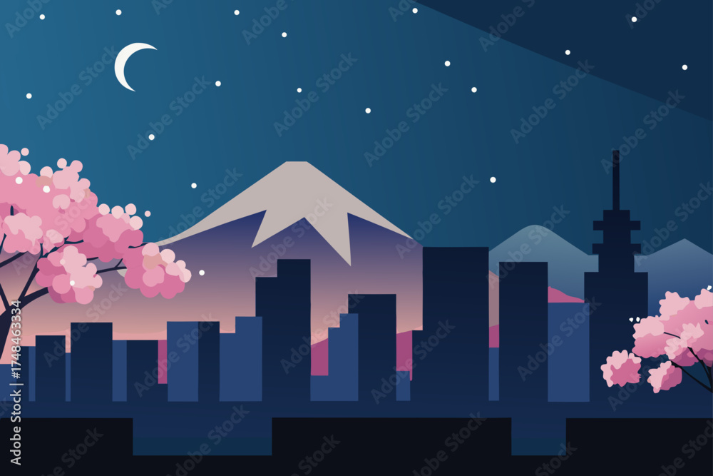 Fototapeta premium Serene japanese cityscape at night with mount fuji cherry blossoms and a crescent moon illuminating the starry sky above silhouetted buildings
