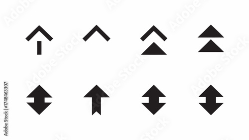 A collection of eight different arrow designs pointing upwards in a variety of unique and stylized formats | editable eps vectors silhouette