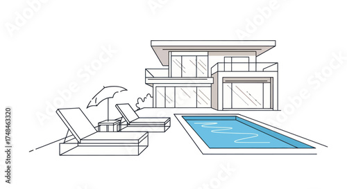 Modern Villa with Swimming Pool and Lounge Chairs Sketch Illustration.