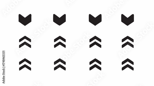 Eight black arrow symbols arranged in two rows on a white background showing different arrow styles and thicknesses | editable eps vectors silhouette