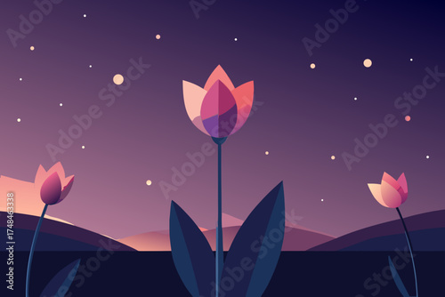 Serene night landscape with stylized tulips blooming under a starry sky and rolling hills in the background