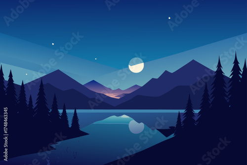 Serene minimalist landscape featuring a tranquil lake reflecting a full moon and distant mountains under a clear night sky with scattered stars and silhouetted pine trees