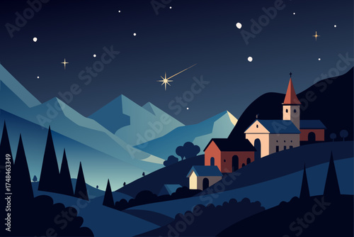 Serene mountain village nestled under a starry night sky with a shooting star illuminating the tranquil landscape