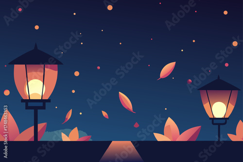 Enchanting night scene with glowing lanterns illuminating falling leaves and a path under a starry sky