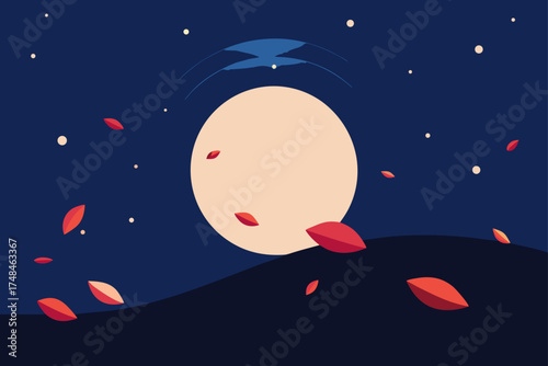 A serene night sky with a large pale moon scattered red leaves and a silhouette of a bird in flight over rolling hills