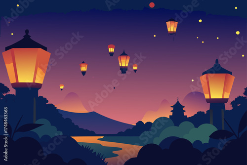 Serene japanese landscape at dusk with glowing lanterns and silhouetted pagoda by a winding river
