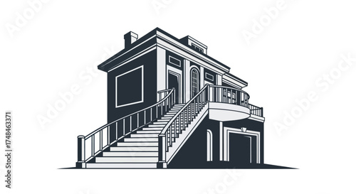 Monochrome illustration of a classic two-story house with a prominent external staircase and balcony.