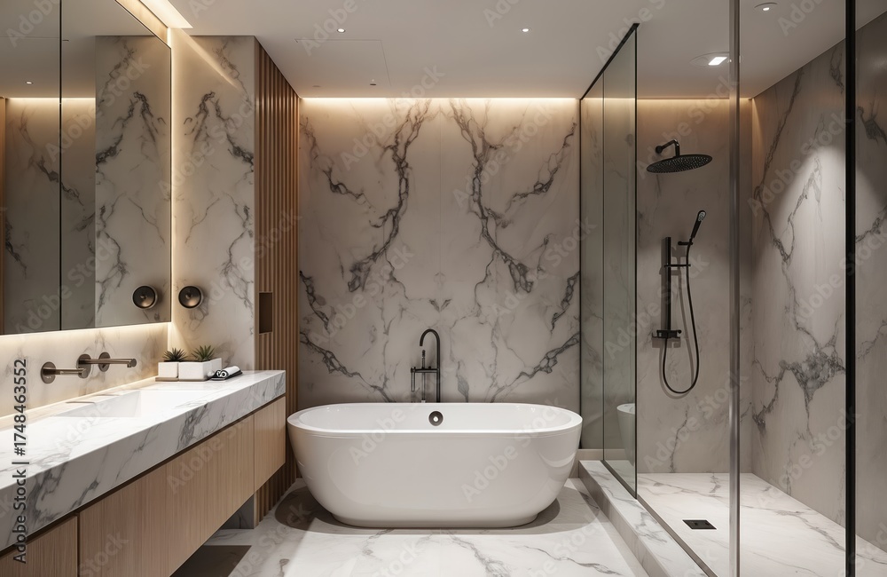 Fototapeta premium Modern bath interior with marble walls. Bathtub near glass shower stall in luxury apartment. Contemporary bathroom design in hotel. Room with mirror, sink, plants, lighting. Stylish furniture indoors.