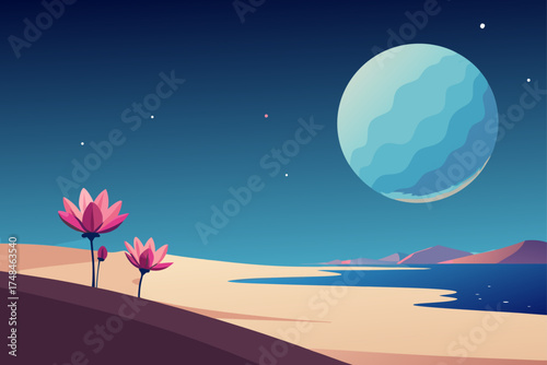 Serene alien landscape featuring vibrant pink lotus flowers on a sandy dune overlooking a tranquil blue ocean under a vast night sky with a large celestial body and distant stars