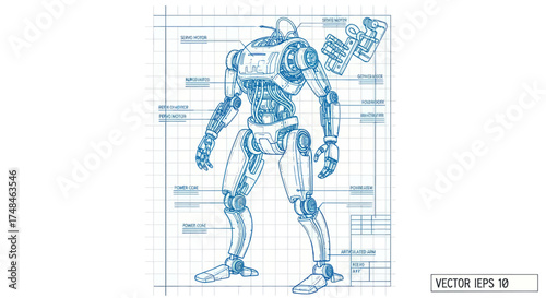 Detailed Blueprint of a Futuristic Robot Design with Technical Annotations.