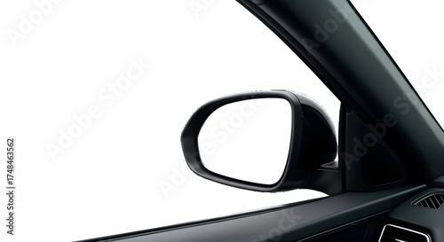 Car side view mirror with a blank white screen for mockup or copy space. Isolated on transparent background, png
