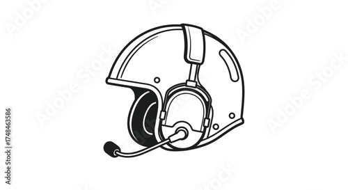Detailed Black and White Pilots Helmet with Headset and Microphone.