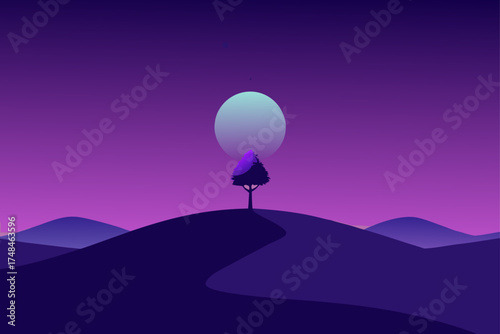 Minimalist landscape with a solitary tree on a hill under a large moon and a vibrant purple sky