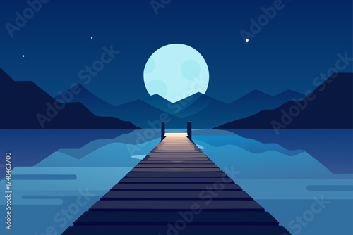 Serene night landscape featuring a wooden pier extending into a calm lake under a large luminous moon and distant mountains