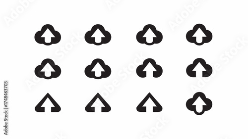 Twelve cloud icons with upload and download arrows arranged in a grid on a white background image view | editable eps vectors silhouette