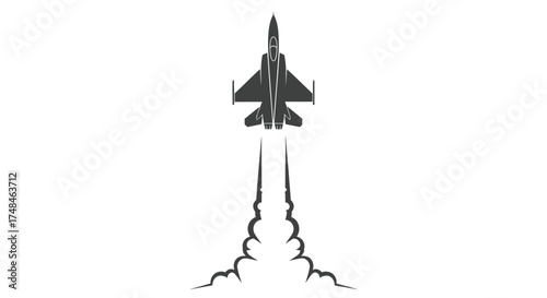 Silhouette of a modern fighter jet ascending with smoke trails.