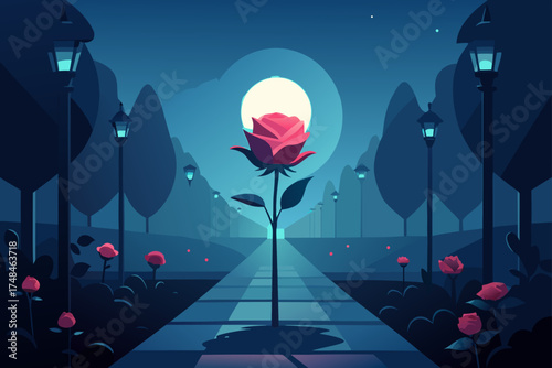 A single vibrant red rose stands tall in the center of a moonlit park walkway with glowing streetlights and silhouetted trees