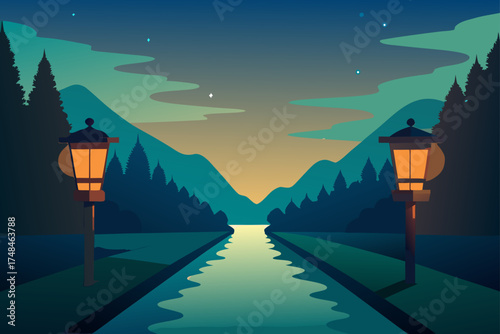 Serene twilight landscape with a reflective canal flanked by trees and mountains illuminated by vintage lampposts