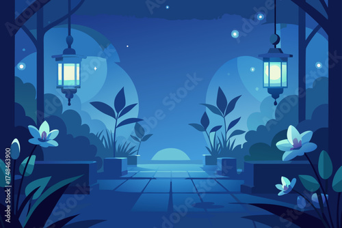 Enchanting blue garden courtyard at night with glowing lanterns and delicate flowers illuminated by moonlight and stars