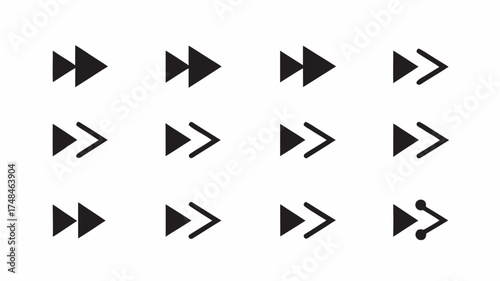Twelve black arrow symbols arranged in a rectangular grid pattern on a white background displaying direction | editable eps vectors silhouette