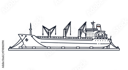 Detailed Line Drawing of a Large Cargo Ship with Cranes.